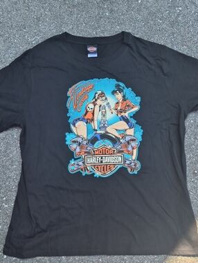 Harley-Davidson Black Tee with Blue and Orange Pin-Up Garage Graphic